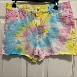 Judy Blue Tie Dye Rainbow Shorts Small Stretch Denim Raw Hem Fray Size XL
